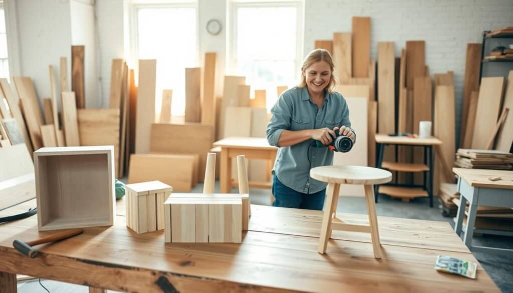 A bright, airy workshop filled with beginner-friendly furniture projects. In the foreground, a rustic wooden table showcases simple DIY items like a small bookshelf, a minimalist stool, and an elegant side table, all crafted from light-colored wood. Tools such as a hammer, saw, and paintbrush are neatly arranged around the projects. In the middle ground, a person in modest casual clothing, focused and smiling, is sanding a piece of wood with a power sander, radiating joy and satisfaction. The background features large windows allowing soft, natural sunlight to stream in, illuminating various wooden planks and an organized workspace. The overall mood is warm and inviting, encouraging creativity and accomplishment in woodworking.