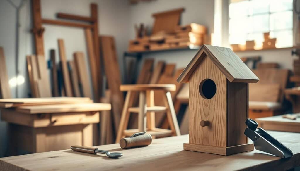 A bright, airy workshop filled with simple woodworking projects. In the foreground, a beautifully crafted wooden birdhouse sits on a workbench with visible wood grain and a few hand tools like a chisel and a plane beside it. In the middle, there's a partially finished wooden stool, showcasing joinery techniques, with soft sunlight streaming in from a nearby window, illuminating the scene. In the background, shelves hold neatly arranged wooden boards and finished projects, adding a sense of organized creativity. The atmosphere is warm and inviting, evoking a sense of joy and satisfaction in crafting. The photo has a shallow depth of field, focusing on the details of the projects, with natural light enhancing the colors and textures.