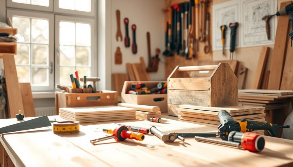 A bright, airy workshop scene, showcasing essential DIY wood project tools and materials. In the foreground, a well-used wooden workbench is adorned with a variety of hand tools: a tape measure, saw, chisel set, and clamps arranged neatly. A stack of unfinished wooden planks lies nearby, hinting at creativity in progress. In the middle ground, a wooden toolbox filled with screwdrivers and a cordless drill adds character, while a roll of sandpaper rests next to it. In the background, soft sunlight filters through a large window, illuminating a wall adorned with project blueprints and hanging tools. The atmosphere is warm and inviting, evoking a sense of comfort and readiness for creative work. The image captures a cozy, productive environment perfect for DIY enthusiasts.