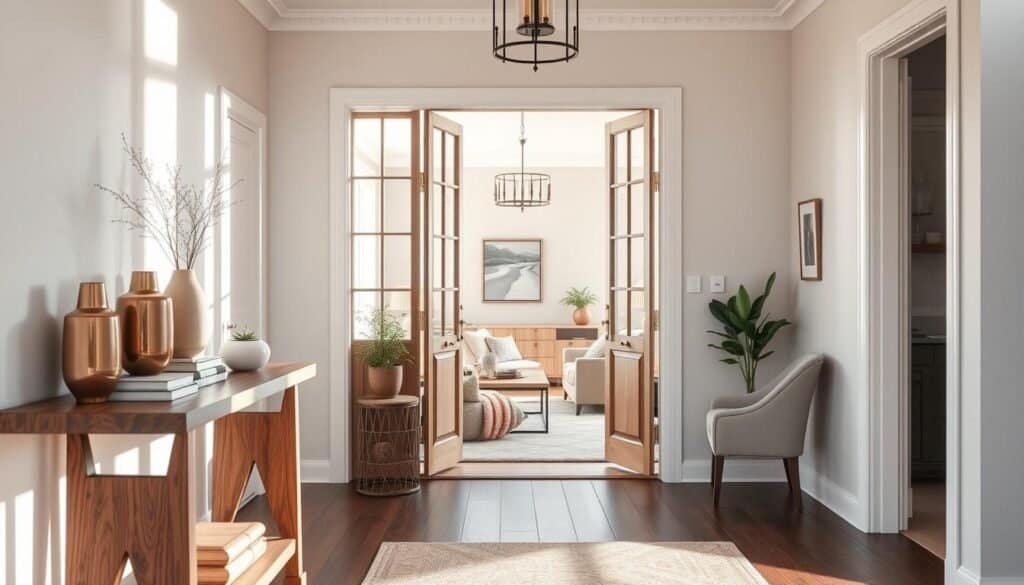 A bright and airy entryway transitioning into a cozy living room. In the foreground, a stylish console table is adorned with decorative vases, books, and a small potted plant, showcasing rustic wooden elements. In the middle, a beautifully styled front door opens wide, inviting soft, natural sunlight to flood in, illuminating a comfortable seating area with plush cushions and a warm throw blanket. The background features an elegantly decorated living room with soft pastel walls, framed artwork, and a plush area rug. The mood is inviting and warm, accentuated by the gentle play of sunlight and shadow. Capture this scene with a wide-angle lens to highlight the flow between the entryway and living room, emphasizing a harmonious connection within a modern home.