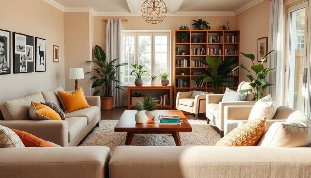 A bright and airy family-friendly living room design featuring comfortable, inviting furniture arranged for conversation. In the foreground, a soft, plush sofa adorned with colorful throw pillows invites relaxation. A stylish wooden coffee table sits at the center, surrounded by cozy armchairs. The walls are painted in warm neutral tones, with family photos and calming artwork adding a personal touch. In the middle ground, a large window lets in soft sunlight, enhancing the warmth of the space and highlighting the texture of a plush area rug. Lush indoor plants add a splash of green, contributing to the inviting atmosphere. In the background, a well-organized bookshelf displays family books and games, reflecting the essence of togetherness. The overall mood is harmonious and welcoming, perfect for creating shared moments.