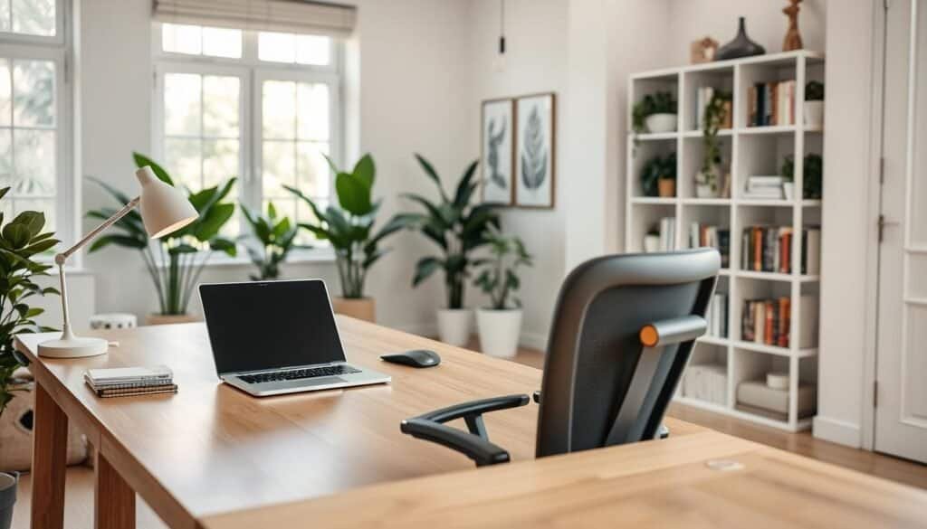 A bright and airy home office designed for focus and productivity, featuring a spacious wooden desk with minimal clutter, a sleek laptop, and a stylish desk lamp gently illuminating the workspace. In the foreground, a comfortable ergonomic chair with soft fabric in muted tones. In the middle ground, large windows allow soft sunlight to stream in, showcasing indoor plants that enhance the natural feel. The background includes light-colored walls adorned with inspirational artwork, and a well-organized bookshelf filled with neatly arranged books and decorative accents. The overall atmosphere is calm and inviting, emphasizing a sense of tranquility and concentration. The scene is captured from a slightly elevated angle to provide a comprehensive view of the workspace.