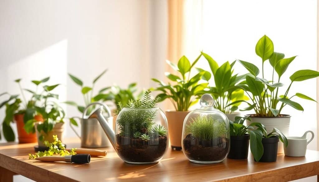 A bright and airy indoor setting featuring a collection of lush indoor plant projects arranged on a wooden table. In the foreground, showcase a stylish terrarium with small ferns and succulents, surrounded by potting tools and a watering can, all bathed in soft, warm sunlight. The middle ground presents various potted plants—like snake plants, pothos, and peace lilies—with vibrant green leaves, enhancing a cozy atmosphere. In the background, a softly textured wall adds warmth, while a window with sheer curtains allows natural light to filter through, illuminating the scene. The overall mood is inviting and rejuvenating, capturing the essence of transforming a gloomy room into a lively space with greenery.