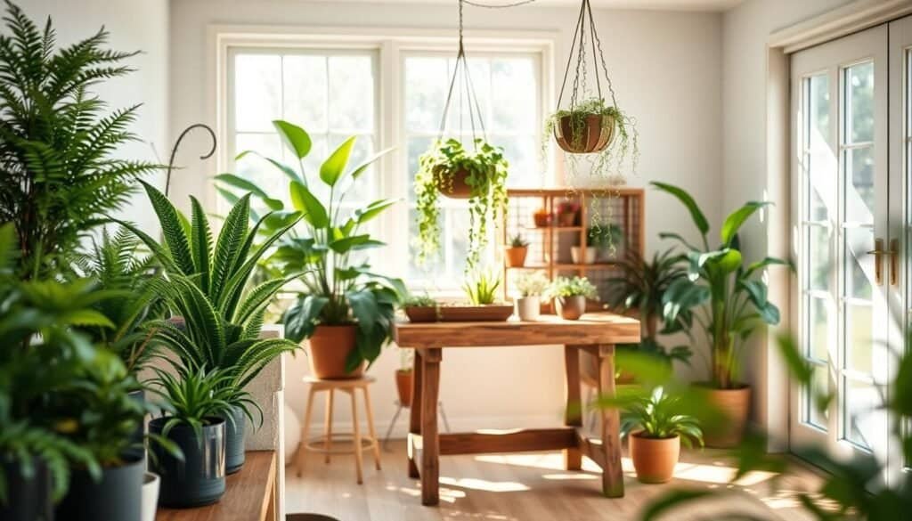 A bright and airy indoor space featuring an array of creatively displayed indoor plants. In the foreground, a wooden shelf showcases varying heights of lush green potted plants, including ferns and succulents, arranged with care. The middle ground features a rustic wooden table adorned with a terrarium and a hanging plant holder displaying trailing vines. In the background, a large window allows soft, natural sunlight to filter in, illuminating the scene and casting gentle shadows. The mood is serene and inviting, ideal for creating a relaxing atmosphere. The image should have a warm color palette and high detail to emphasize the textures of the plants and wood. Photographed with a shallow depth of field to focus on the plant displays while blurring the surroundings slightly, creating a sense of depth and tranquility.