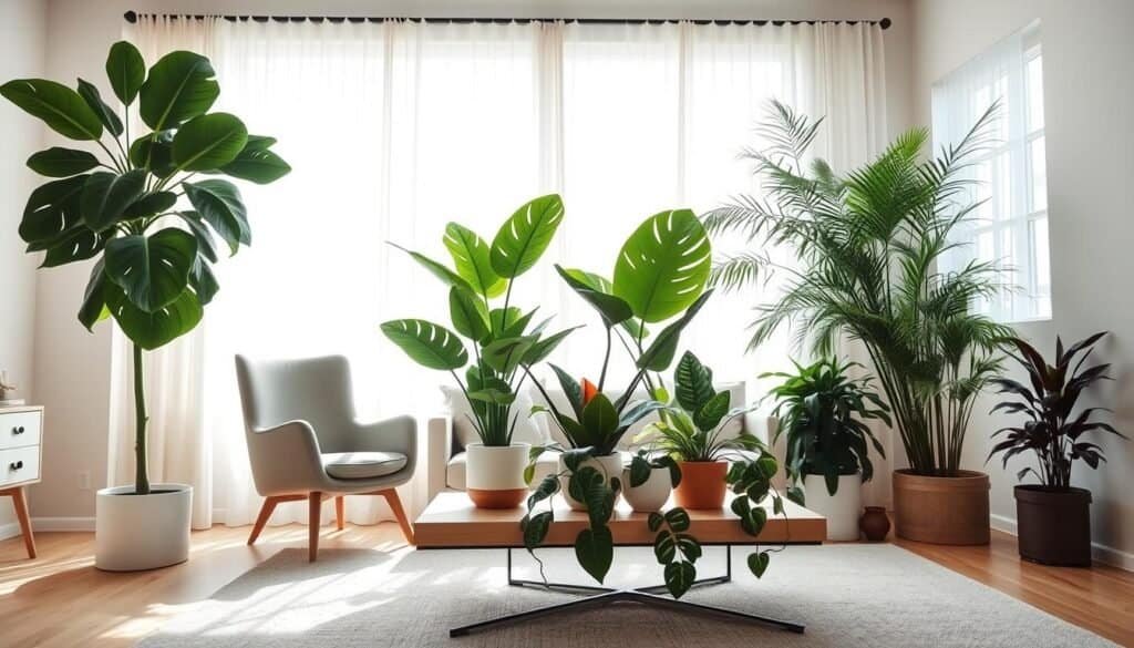 A bright and airy interior featuring a stylish, minimalist living room transformed by a variety of statement plants. In the foreground, a tall fiddle leaf fig tree stands elegantly next to a sleek mid-century modern armchair, its large leaves creating a dramatic focal point. In the middle, several other unique plants, like a vibrant monstera and a stunning snake plant, are arranged on a light-colored wooden coffee table, showcasing their lush greenery. The background includes soft, natural light streaming through a large window draped with sheer curtains, illuminating the space and creating an inviting atmosphere. The room's walls are painted in a soft pastel shade, enhancing the tranquil mood, while a cozy rug anchors the space. The angle captures the room's height and openness, emphasizing the transformative power of these lush plants in a serene setting.