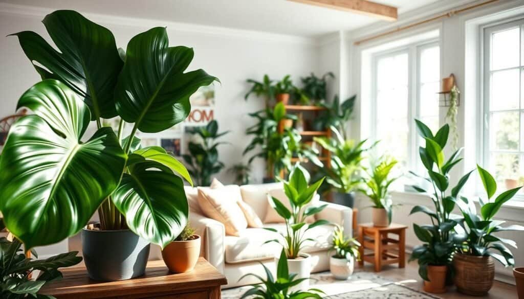 A bright and airy living room filled with an assortment of beautifully styled plants. In the foreground, a large, vibrant monstera plant with shiny leaves sits on a rustic wooden side table, accompanied by a small, delicate fern in a ceramic pot. The middle ground features a cozy sofa adorned with soft throw pillows, surrounded by varying heights of potted plants, such as a snake plant and peace lily. Sunlight streams through large windows, casting a warm, inviting glow across the entire space. In the background, a bookshelf showcases gardening books and decorative items, enhancing the homey atmosphere. The scene captures a harmonious blend of greenery and interior design, evoking a sense of comfort and connection to nature.