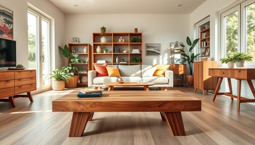 A bright and airy living room showcasing modern woodworking techniques. In the foreground, a beautifully crafted wooden coffee table with elegant joinery, complemented by stylish coasters. The middle ground features a cozy couch adorned with vibrant cushions and a wooden side table, both exhibiting sleek lines and warm wood tones. A mid-century style bookshelf filled with plants and contemporary décor adds character to the space. In the background, large windows fill the room with soft, natural light, casting gentle shadows that enhance the wood's textures. The overall atmosphere is inviting and tranquil, perfect for a contemporary home, showcasing the versatility of DIY wood projects in evolving living spaces.