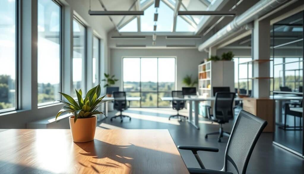 A bright and airy modern workplace design showcasing insufficient natural light as a mood dampener. In the foreground, a stylish wooden desk with a potted plant reflects soft sunlight streaming through large windows. The middle ground features an open office space with minimalist furniture, including ergonomic chairs and sleek shelving, all bathed in natural light. In the background, the large windows reveal a serene outdoor landscape with greenery and blue skies, emphasizing the lack of adequate lighting within the space. The atmosphere is tranquil yet slightly somber, highlighting the impact of insufficient natural light. The scene evokes feelings of calm and contemplation, ideal for a workspace that truly connects with nature. Capture this using a wide-angle lens to enhance the openness of the environment.