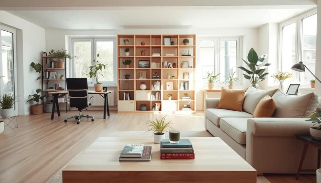 A bright and airy multifunctional space features a cozy living area that seamlessly transforms into a workspace. In the foreground, a light wooden coffee table is adorned with a few books and a decorative plant. An inviting sofa, dressed in soft beige fabric, sits crossed from a stylish desk with a modern laptop and stationery. The middle ground reveals a beautifully organized bookshelf, filled with plants and art pieces, creating a warm atmosphere. In the background, large windows allow soft, natural sunlight to stream in, highlighting the room's openness. The walls are painted in calming pastel colors, complementing the wood accents. The overall mood is warm and inviting, perfect for both relaxation and productivity.