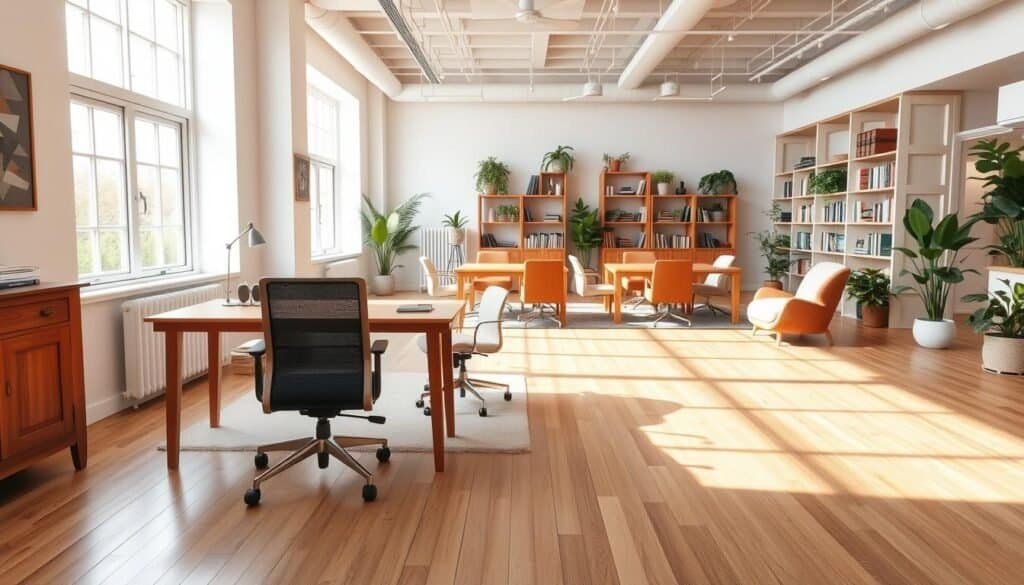 A bright and airy office space featuring a thoughtfully designed floor plan that emphasizes optimal traffic flow. In the foreground, showcase a stylish wooden desk and ergonomic chair positioned near a large window, allowing soft natural light to flood the room. In the middle ground, create zones for collaboration and quiet work, such as a meeting table surrounded by comfortable chairs and a cozy nook with a reading chair, artfully arranged to encourage movement. The background should display shelves filled with books and plants, enhancing the atmosphere of productivity. The overall mood should be inviting and conducive to work, with warm colors and natural textures, captured from a slightly elevated angle to highlight the flow and layout of the space.
