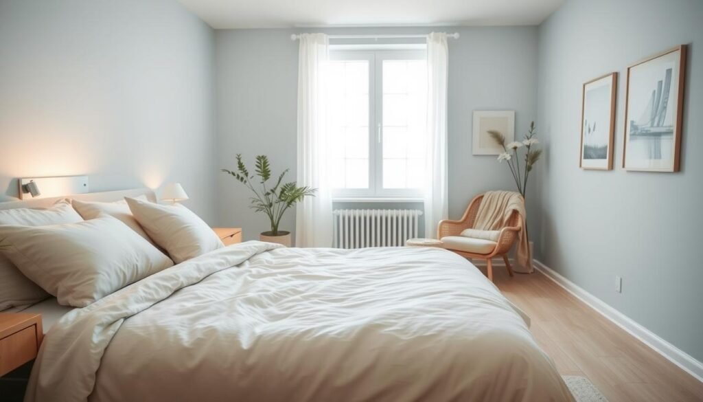 A calming bedroom design featuring a cozy, minimalist aesthetic. In the foreground, a plush queen-sized bed adorned with soft, neutral-toned linens and an assortment of gently textured pillows. To the side, a natural wood nightstand holds a small potted plant and a stylish lamp emitting warm, soft light. In the middle ground, a large window allows bright, natural light to illuminate the space, enhancing the airy atmosphere. A comfortable armchair with a woven throw sits beside the window. The background showcases gentle, muted wall colors like pale blue or soft gray, complemented by serene artwork and light wooden flooring. The overall mood is tranquil and inviting, evoking a sense of peace and relaxation in a beautifully designed sanctuary.