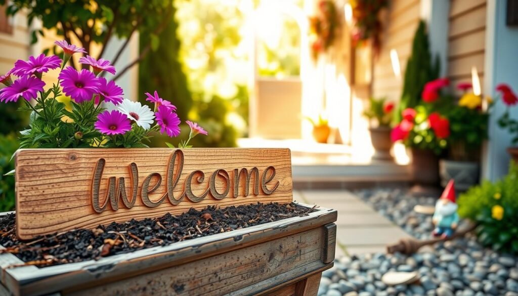 A charming DIY welcome sign wood planter, featuring a rustic wooden sign with "Welcome" elegantly carved, nestled in a vibrant planter filled with colorful flowers. In the foreground, showcase the planter adorned with rich soil and thriving greenery, creating an inviting focal point. The middle ground reveals a pathway leading to a cozy front door, flanked by decorative elements like pebbles and a small garden gnome. In the background, a sunny day with soft sunlight filters through the trees, illuminating the scene and casting gentle shadows. The overall atmosphere is warm and welcoming, evoking a sense of home and comfort in a well-designed entryway, captured in a realistic style with bright, airy lighting.
