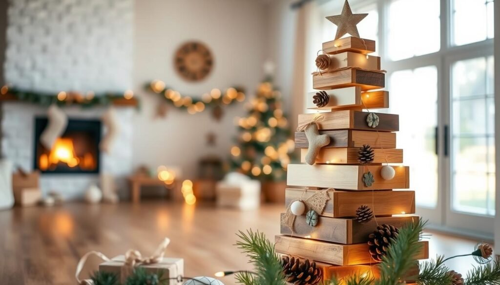 A charming DIY wooden Christmas tree crafted from various shades of natural wood, featuring a mix of smooth and textured surfaces for visual interest. The tree stands around four feet tall, adorned with simple rustic decorations like twine, burlap, and handmade ornaments. In the foreground, soft pinecones and decorative fairy lights add warmth. The middle ground showcases a cozy living room with a wooden floor and a blurred fireplace, radiating soft, ambient light. The background includes large windows letting in bright, natural light, enhancing the airy atmosphere. The scene conveys a festive yet inviting holiday spirit, perfect for adding warmth to a home during the Christmas season, captured with a warm, diffused lighting effect and a slightly elevated angle to emphasize depth.