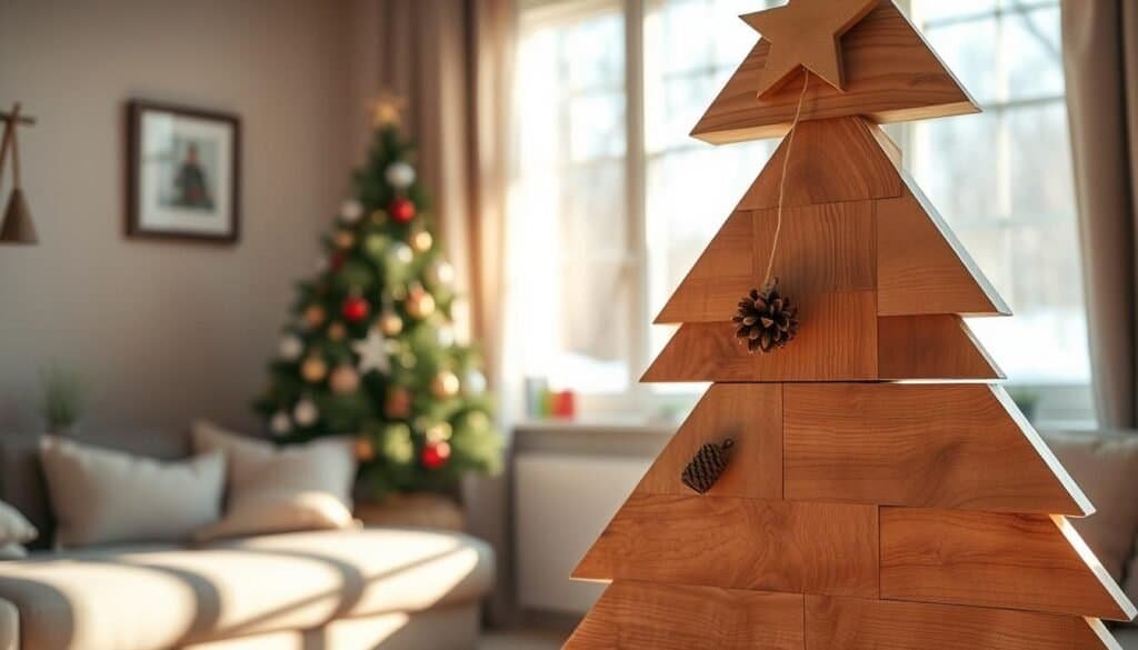 A charming DIY wooden Christmas tree stands in a cozy living room filled with natural light. The tree, crafted from gently aged wooden planks, has intricate, hand-carved decorations, highlighting a rustic and artisan feel. In the foreground, warm, soft sunlight casts a gentle glow on the textured wood, accentuating its natural grain. The middle features a few handcrafted ornaments made from pinecones and twine, adding a touch of holiday spirit. In the background, a softly lit window reveals a glimpse of a snowy landscape, enhancing the serene atmosphere. The overall mood is calm and inviting, perfect for a weekend crafting project. The composition is shot from a slightly elevated angle, creating depth and showcasing the tree's unique features.