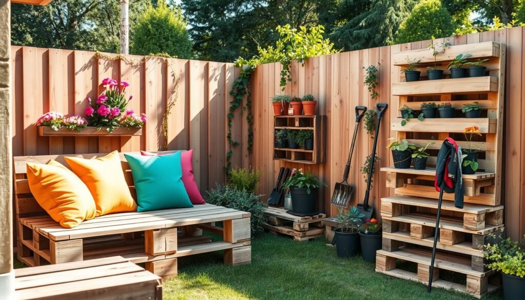 A charming garden scene showcasing innovative wooden pallet projects designed for corner spaces. In the foreground, a stylish wooden pallet bench adorned with vibrant cushions invites relaxation, while beside it, a vertical pallet garden brimming with blooming flowers and greenery adds color and life. In the middle ground, a series of creatively stacked wooden pallets serve as functional storage solutions, neatly organized with gardening tools and potted plants. The background features a radiant garden bathed in soft, natural sunlight, with a wooden fence lined by climbing vines, enhancing the serene outdoor atmosphere. The composition should evoke a warm, inviting mood with bright, airy lighting reflecting an afternoon glow. The angle captures the cozy corner setup, emphasizing its usability and aesthetic appeal.