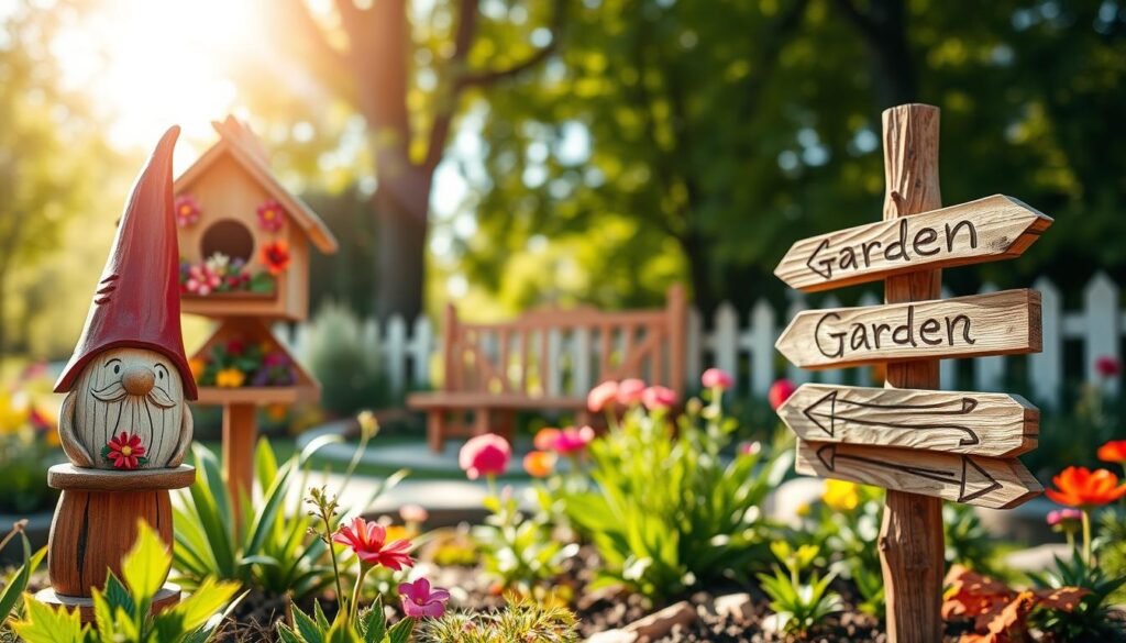 A charming garden scene showcasing whimsical wooden decorations. In the foreground, a delightful wooden gnome with a playful expression stands beside a hand-carved birdhouse adorned with vibrant flowers. The middle ground features a whimsical wooden signpost with playful arrows pointing to various garden-themed areas, surrounded by lush green plants and colorful blooms. In the background, a soft-focus view of a serene garden space bathed in bright natural light, where sunlight filters through the leaves of nearby trees, creating a warm and inviting atmosphere. The angle captures the decorations from a slightly elevated perspective, emphasizing their artistic details, while the overall scene exudes a cheerful and magical feel, perfect for a welcoming outdoor space.