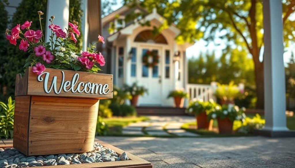 A charming welcome sign planter displayed in a beautifully arranged entryway. In the foreground, the planter is made of rustic wood, featuring a hand-painted "Welcome" sign with elegant lettering, adorned with vibrant flowers cascading over the edges. In the middle ground, an inviting pathway lined with small stones leads to the front door, with lush greenery and potted plants enriching the scene. The background showcases a softly lit house, glowing in bright natural light, with gently swaying trees framed against a clear blue sky. Capture this scene with a warm, inviting atmosphere, ensuring the sunlight bathes the planter in a soft, golden hue. The composition should evoke a sense of warmth and hospitality, perfect for welcoming visitors.