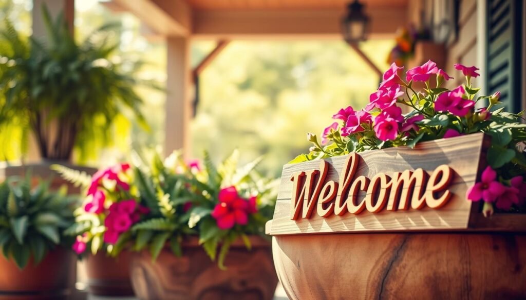 A charming wooden welcome sign elegantly displayed in a rustic planter, overflowing with lush greenery and vibrant flowers. The foreground features the detailed carvings of the sign, with soft grains of wood illuminated by gentle sunlight. In the middle ground, the planter showcases an array of colorful plants, such as ferns and petunias, creating a welcoming atmosphere. The background includes a softly blurred view of a cozy porch, draped in warm, natural light that enhances the inviting feel. The overall mood is serene and uplifting, capturing the essence of home and comfort, with a focus on fresh greenery and handcrafted woodwork. The image is bright and airy, with a focus on textures and colors that evoke a sense of joy.
