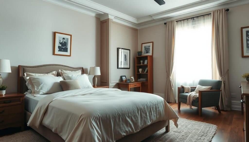 A classy bedroom featuring a serene and inviting atmosphere. In the foreground, a neatly made king-sized bed adorned with elegant, neutral-toned linens and plush pillows. A stylish nightstand on one side holds a minimalistic lamp and a small potted plant. In the middle ground, a cozy reading nook with a comfortable armchair and a soft throw blanket, next to a small bookshelf curated with a few decorative items and books. The background showcases a large window with soft, sheer curtains letting in bright natural light, illuminating the space with a warm glow. Tasteful artwork hangs on the walls, adding to the refined décor. The overall mood is calm, organized, and welcoming, ideal for relaxation and rejuvenation. The lighting is bright and airy, enhancing the clean lines and wood tones of the furniture, captured from a slightly elevated angle.