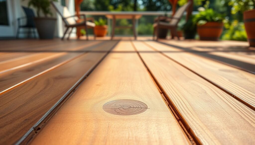 A close-up view of a beautifully crafted wooden decking surface, showcasing intricate patterns formed by natural wood grain and texture. The foreground features polished, rich-toned wooden planks, each with unique lines and knots, reflecting soft, warm sunlight. In the middle, a subtle play of light creates gentle shadows that emphasize the depth and character of the wood. The background is an airy outdoor patio setup, with hints of greenery blurred softly, enhancing the natural feel without distracting from the decking. The atmosphere is tranquil and inviting, exuding warmth and a sense of connection to nature, perfect for transforming outdoor spaces. Bright natural light bathes the scene, creating a fresh and welcoming mood.