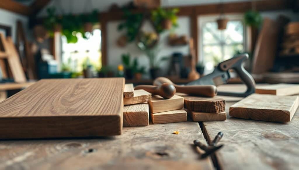 A close-up view of a wooden workspace showcasing various types of wood suitable for beginners, arranged aesthetically on a rustic workbench. In the foreground, feature a smooth oak board, rich in grain and color, alongside lighter pine pieces and darker walnut segments, all positioned with care. In the middle ground, display essential woodworking tools like a chisel and a hand saw, hinting at craftsmanship. The background should softly blur with a bright, airy room bathed in natural sunlight, filtering through a window adorned with plants, creating a warm and inviting atmosphere. Use a shallow depth of field for a cozy, focused effect, highlighting the textures of the wood. The overall mood should evoke inspiration and curiosity, ideal for a novice woodworker beginning their journey.