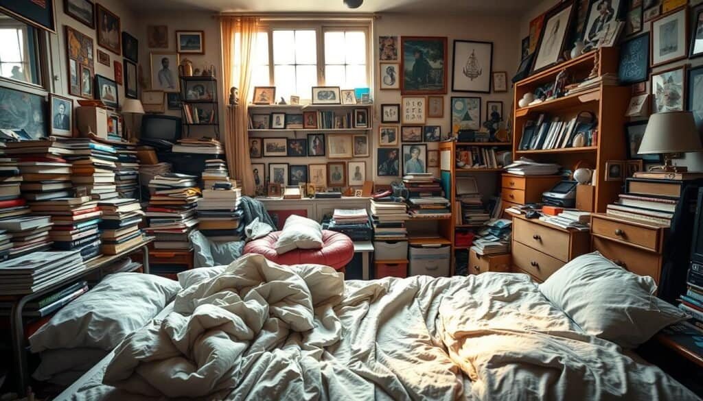 A cluttered and overwhelming bedroom scene filled with an assortment of mismatched furniture and decor. In the foreground, a disorganized bed with rumpled sheets and an array of fluffy pillows. A chaotic nightstand piled high with books, gadgets, and small decor items, spilling over. In the middle ground, walls adorned with various framed pictures and disarrayed wall shelves filled with trinkets, contributing to the feeling of busyness. A brightly colored rug sprawled across the floor adds to the sense of clutter. The background captures a large window with soft, natural sunlight streaming in, illuminating dust particles in the air, contrasting with the room's chaotic appearance. The overall atmosphere feels overwhelming yet inviting, emphasizing the need for a softening touch. The lens is slightly wide-angle to capture the whole scene, with gentle, warm lighting enhancing the space.
