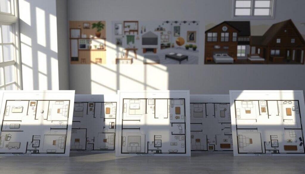 A collection of Sims 4 layout floor plans showcasing various awkward layouts and unusable spaces. In the foreground, detailed floor plans illustrate mismatched room sizes, oddly placed doors, and impractical furniture arrangements. The middle section includes diverse home styles, such as modern and rustic, to depict how architecture can create feelings of discomfort. The background features a bright, airy design with soft sunlight illuminating the plans, emphasizing shadow and light play across the layouts. The atmosphere should be slightly unsettling, evoking the feeling of a space that feels off. Use a wide-angle perspective to capture the entirety of the designs, focusing on clarity and realism to enhance the architectural elements.