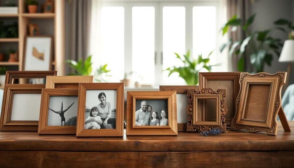 A collection of beautifully crafted DIY wooden picture frames displayed on a rustic wooden table, showcasing various designs and textures. The frames range from sleek modern styles to ornate vintage looks, all made from natural wood with warm tones. In the foreground, one frame holds a charming family photo, while others stand empty, inviting creativity. In the middle ground, soft diffuse natural light filters through a large window, casting gentle shadows, creating an inviting atmosphere. In the background, hints of lush indoor plants can be seen, contributing to a cozy and serene home environment. The scene captures the essence of personal touch in home décor, emanating warmth and creativity with a soft focus effect to enhance the aesthetic appeal.