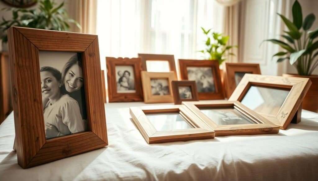A collection of beautifully crafted rustic DIY picture frames, showcasing a variety of designs made from reclaimed wood, adorned with natural finishes. In the foreground, a close-up of a frame displaying a family photo, the wood grain visible and weathered for that authentic touch. In the middle, additional frames in different shapes and sizes are arranged on a soft, textured fabric surface, highlighting their unique details such as intricate carvings and earthy tones. The background features a cozy, sunlit room with soft, airy curtains and potted plants, adding warmth to the atmosphere. Bright, natural light filters in, emphasizing the handcrafted quality of each frame and creating a welcoming, inspirational mood that encourages creativity.