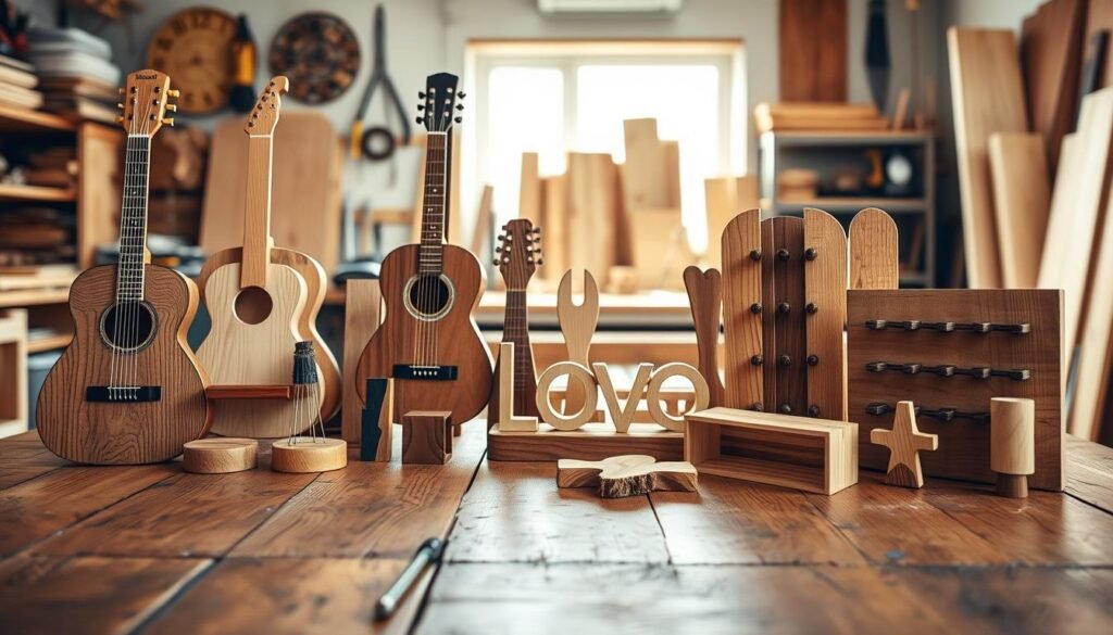 A collection of creative wooden holders displayed on a rustic wooden table, showcasing diverse designs such as a guitar-shaped wall rack, a sleek love shelf, and various craft-inspired organizers for small items. The foreground features intricate wood grain textures and artistic joinery, while the middle includes softly lit pieces that reflect warmth and character. In the background, a well-organized workshop is visible, with tools and wooden planks, enhanced by bright, natural light filtering through a nearby window. Capture the scene with a slight depth of field to emphasize the wooden holders, using a warm color palette to create an inviting atmosphere. The composition should be airy and well-lit, emphasizing craftsmanship and creativity in woodworking.