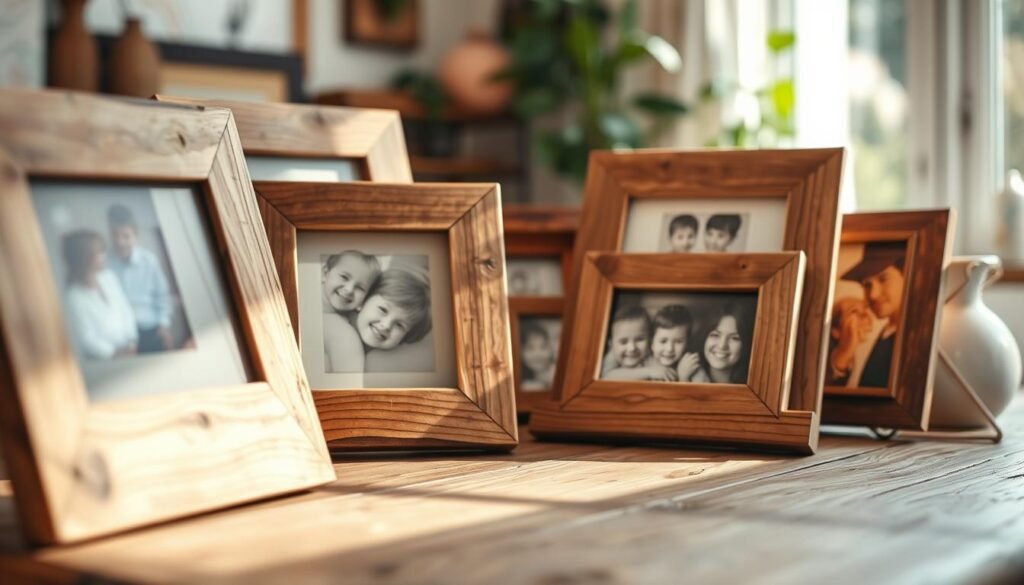A collection of rustic wooden picture frames, beautifully crafted from reclaimed wood with unique knots and textures. The frames vary in size and shape, displaying cherished family photos inside. In the foreground, a close-up of one frame features an intricate carved design. The middle ground shows a display on a weathered wooden table, softly illuminated by warm, natural sunlight that casts gentle shadows. In the background, a cozy home setting with a hint of greenery provides a comforting atmosphere. The scene is airy and well-lit, enhancing the warmth of the wood textures. Capture this inviting ambiance with a shallow depth of field for a dreamy effect, focusing on the frames while the background remains slightly blurred.