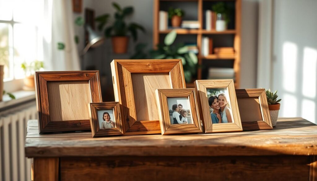 A collection of rustic wooden picture frames displayed artfully on a weathered wooden table. The frames showcase various cherished memories, featuring different woods with rich textures and warm tones. Soft sunlight pours in from a nearby window, illuminating the details of the wood grain and casting gentle shadows. In the background, a cozy, homey environment is visible, with potted plants and a softly blurred bookshelf, enhancing the feeling of comfort and nostalgia. The image captures a serene and inviting atmosphere, evoking a sense of satisfaction and creativity associated with DIY woodworking projects. The composition is well-balanced, inviting viewers to appreciate the beauty of handcrafted decor in a naturally lit setting.