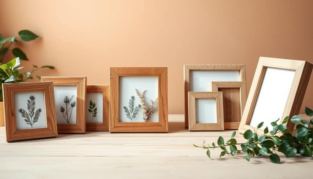A collection of rustic wooden picture frames displayed on a light wooden table, showcasing their natural grain and texture. The foreground features several frames of varying sizes, some with botanical prints and others empty, inviting personalization. In the middle ground, greenery from potted plants gently frames the scene, complementing the earthy tones of the wood. The background includes a softly blurred wall with warm, neutral paint, enhancing the cozy, homey atmosphere. Bright natural light floods the scene, creating soft shadows and adding warmth to the composition. The image has a clean, airy feel, evoking a sense of creativity and calm. Ideal for highlighting personalized wall decor in a DIY context.