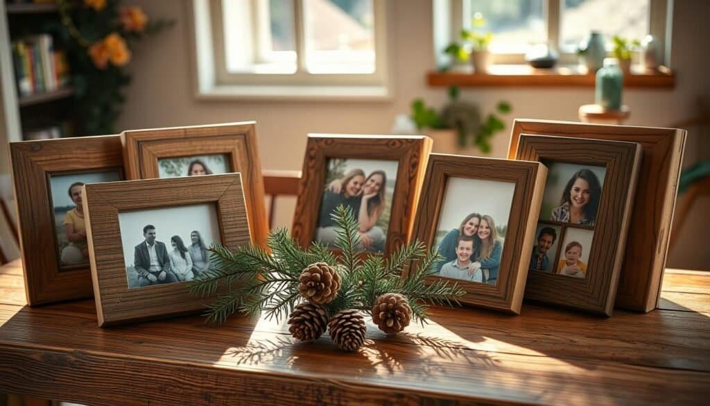 A collection of rustic wooden picture frames displaying various family photos, arranged artfully on a weathered wooden table. The frames showcase rich textures and natural grain patterns, featuring a mix of light and dark woods, some with intricate carvings. In the foreground, a soft, warm light streams in through an open window, creating gentle shadows that add depth. In the middle, freshly cut pine branches and small pinecones are tastefully placed around the frames, enhancing the organic feel. The background reveals a cozy, sunlit room with muted, earthy tones and hints of greenery, suggesting a homely atmosphere. The overall mood is inviting and nostalgic, emphasizing the beauty of cherished memories in stylish, handcrafted displays.