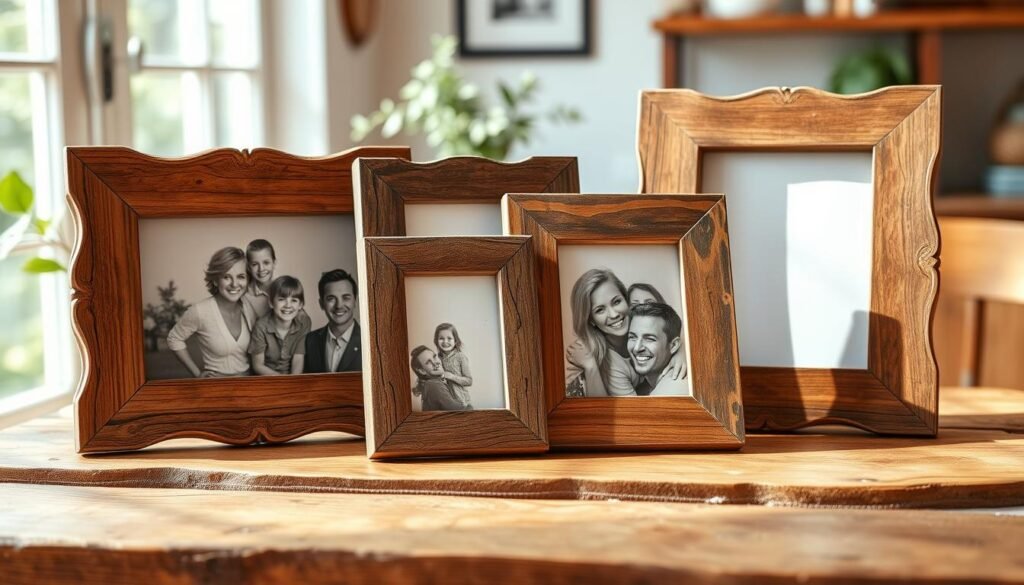 A collection of rustic wooden picture frames, varying in size and shape, arranged artistically on a warm, rustic wooden table. The frames feature intricate carvings and a weathered finish, showcasing rich, earthy hues of brown and gray. Two of the frames hold black-and-white photographs of happy families, while another frame stands empty, inviting memories to be displayed. Soft, natural light filters through a nearby window, casting gentle shadows and highlighting the texture of the wood. In the background, a blurred home setting with hints of greenery adds to the cozy atmosphere, evoking a sense of nostalgia and warmth. The overall mood is inviting and cheerful, perfect for a lived-in home. The camera angle is slightly elevated, capturing the scene from a perspective that draws the viewer's eye to the beautiful details of the frames.