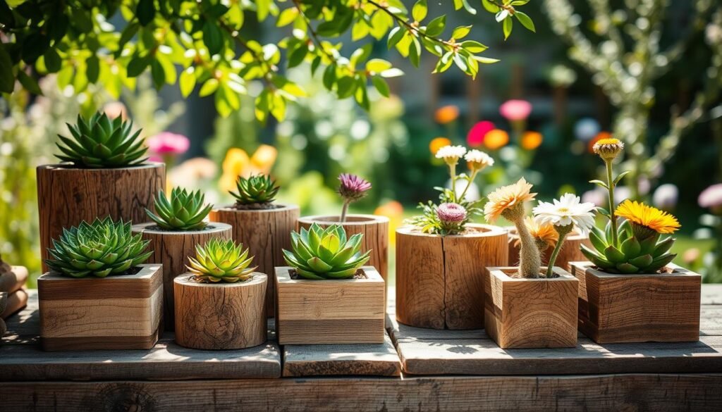 A collection of rustic wooden planters arranged artfully on a weathered wooden table. The foreground showcases various sizes of planters made from reclaimed wood, featuring intricate grain patterns and varying textures. Some contain vibrant green succulents, while others are adorned with blooming flowers, creating a lively contrast. In the middle ground, soft sunlight filters through leafy branches, casting gentle shadows and highlighting the natural imperfections of the wood. The background reveals a serene garden scene, with blurred hints of greenery and flowers, enhancing the tranquil vibe. The overall atmosphere is warm and inviting, accented by bright natural light, evoking a sense of comfort and simplicity, ideal for home décor enthusiasts.
