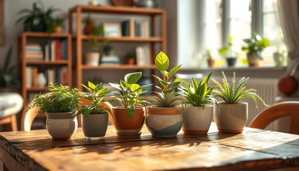 A collection of small indoor plants arranged on a rustic wooden table, bathed in soft, natural sunlight streaming through a nearby window. The foreground features a variety of lush green plants, including a delicate succulent, a vibrant peace lily, and a small fern, all in decorative ceramic pots. In the middle ground, the table is set against a cozy home backdrop with light-colored walls and tasteful décor, emphasizing a serene, inviting atmosphere. In the background, a softly blurred bookshelf filled with books and a few more indoor plants creates a sense of depth. The overall mood is peaceful and rejuvenating, suggesting how these small plants can significantly enhance the feeling of space. The image is detailed and realistic, capturing the beauty of nature in an indoor environment.