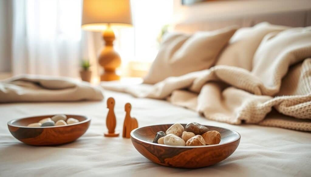A collection of small wooden accents tastefully arranged on a light, textured surface in a serene bedroom setting. In the foreground, a beautifully crafted wooden bowl with a natural finish holds smooth pebbles, while a small, intricately carved wooden figurine stands nearby. The middle ground features a wooden lamp with a soft linen shade, casting warm, inviting light. In the background, soft-focus elements of a light-colored bed with plush pillows and a cozy throw blanket create a calming atmosphere. The scene is illuminated by bright, natural light streaming in through a nearby window, enhancing the warm tones of the wood. The overall mood is peaceful, promoting a sense of relaxation and tranquility within the space.
