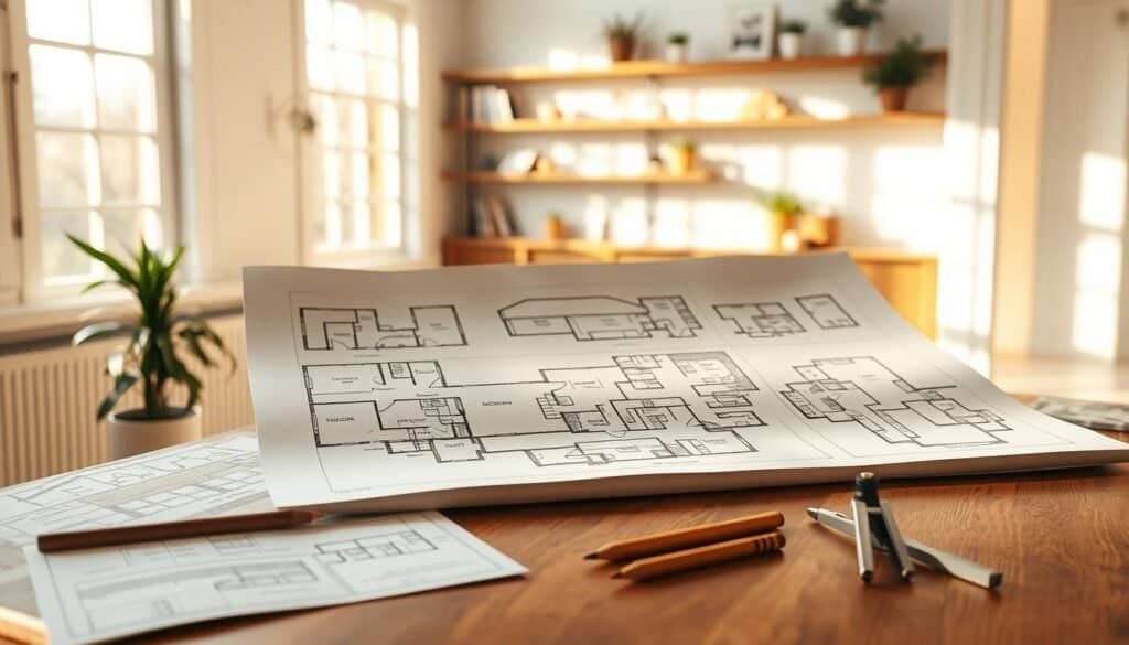 A collection of timeless dream house floor plans displayed elegantly on a wooden drafting table. In the foreground, the table has detailed architectural sketches, pencils, and a compass, set in a sun-drenched room with soft sunlight filtering through large windows. The middle ground features a variety of carefully drawn floor plans, showcasing open concept layouts, cozy nooks, and functional spaces that balance aesthetics with practicality. The background reveals subtle shelves with design books and potted plants, enhancing the inviting ambiance. The overall lighting is warm and bright, evoking a sense of creativity and inspiration. The mood is airy and harmonious, suggesting a blend of classic and modern elements in architecture without any distractions.