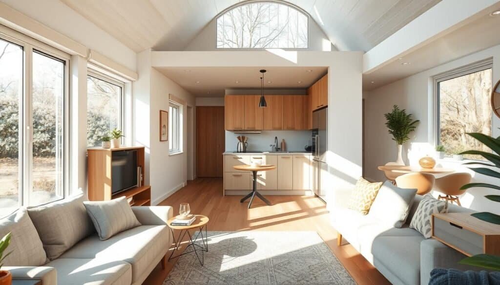 A compact home interior that emphasizes clever design and architectural flow. In the foreground, a cozy living space features a multifunctional sofa, a small wooden coffee table, and a stylish bookshelf. The middle ground reveals an open kitchen layout with sleek cabinetry and a breakfast nook, all surrounded by large windows allowing bright, soft natural light to flood in. In the background, a minimalist approach showcases a small dining area with a round table and chairs, enhancing spaciousness. The scene captures a harmonious and airy atmosphere, with wooden accents and greenery for a touch of warmth. The overall mood is inviting and refreshing, accentuated by natural sunlight creating gentle shadows and highlights.