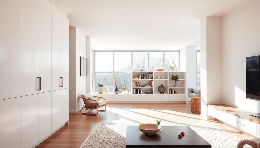 A contemporary living space featuring seamless built-ins and innovative storage solutions, highlighted in a bright, airy atmosphere. In the foreground, sleek, white cabinetry integrates seamlessly with the walls, showcasing a minimalist design. The middle ground presents a cozy reading nook with a built-in shelf lined with books and decorative items, bathed in soft sunlight filtering through large, floor-to-ceiling windows. The background reveals a spacious, open-plan layout, enhancing the sense of design continuity. Warm, natural wood accents complement the crisp white finishes, creating a harmonious balance. The scene is illuminated with bright, natural light that casts gentle shadows, evoking a serene and inviting mood. The angle captures the layout from slightly above, emphasizing the thoughtful integration of space and design.
