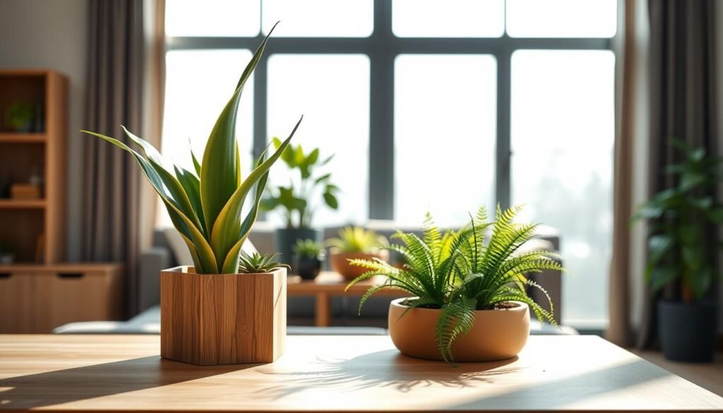 A contemporary wooden plant display featuring a sleek, minimalist wooden shelf elegantly showcasing a variety of vibrant, lush indoor plants. In the foreground, a stylish wooden planter holds a tall snake plant, while the middle ground includes smaller potted succulents and ferns, arranged harmoniously on different levels of the shelf. The background reveals a softly lit living room with large windows, allowing bright natural light to flood in, creating a warm and inviting atmosphere. The scene is captured from a slightly elevated angle, emphasizing the textures of the wood and the greenery, while gentle shadows play across the surface. The mood is serene and fresh, embodying a modern aesthetic that complements contemporary home décor.