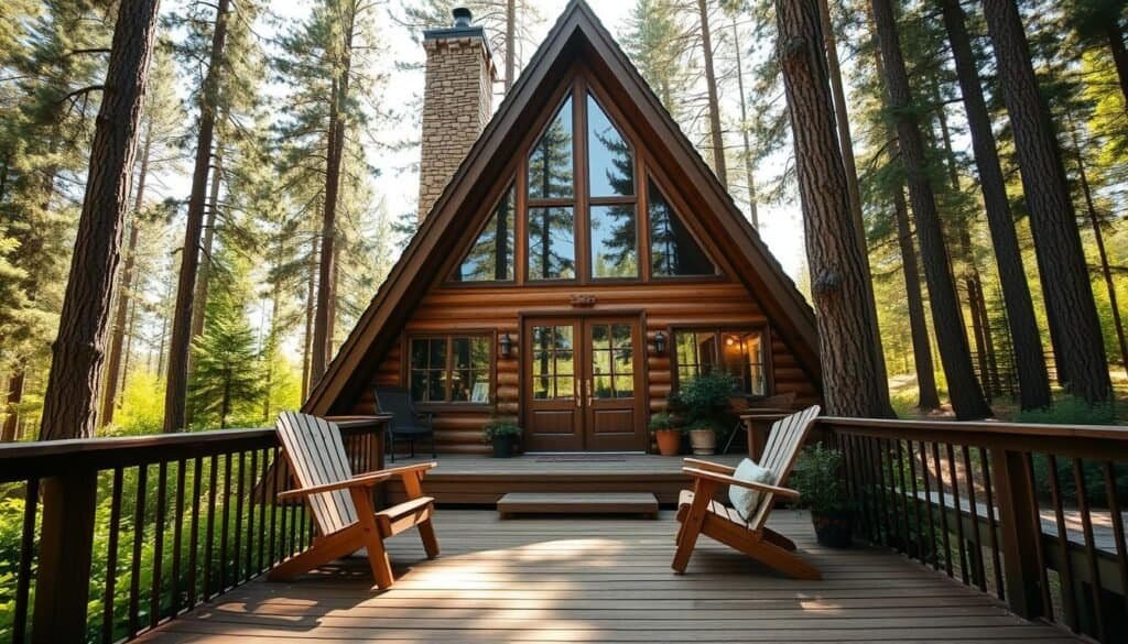 A cozy A-frame cabin nestled in a wooded setting, featuring rustic elements such as reclaimed wood siding, a stone chimney, and large windows that invite bright, natural light. In the foreground, a wooden deck with a pair of comfortable chairs overlooks a peaceful landscape filled with lush greenery. The middle ground showcases the inviting entrance of the A-frame, adorned with handcrafted wooden accents and potted plants. In the background, tall trees frame the cabin, adding to the sense of serenity. The atmosphere is warm and inviting, achieved through soft sunlight filtering through the trees, enhancing the earthy tones of the wood and stone. The image is captured with a wide-angle lens to emphasize the cabin's charming architecture within its natural surroundings.