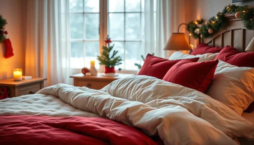 A cozy Christmas bedroom adorned with soft, quality bedding in festive colors like deep red and plush white. In the foreground, highlight a beautifully made bed with fluffy, inviting pillows and a thick, warm quilt. The middle ground features a wooden nightstand with a small evergreen arrangement and a flickering candle, casting a gentle, warm glow. The background reveals a softly lit window with sheer curtains, letting in bright natural light and showcasing a winter scene outside with softly falling snow. The atmosphere is warm and inviting, evoking a sense of comfort and holiday cheer. Use a wide-angle lens to capture the full scope of the space, ensuring the room feels airy and well-lit, radiating a tranquil, grounding ambiance perfect for rest.