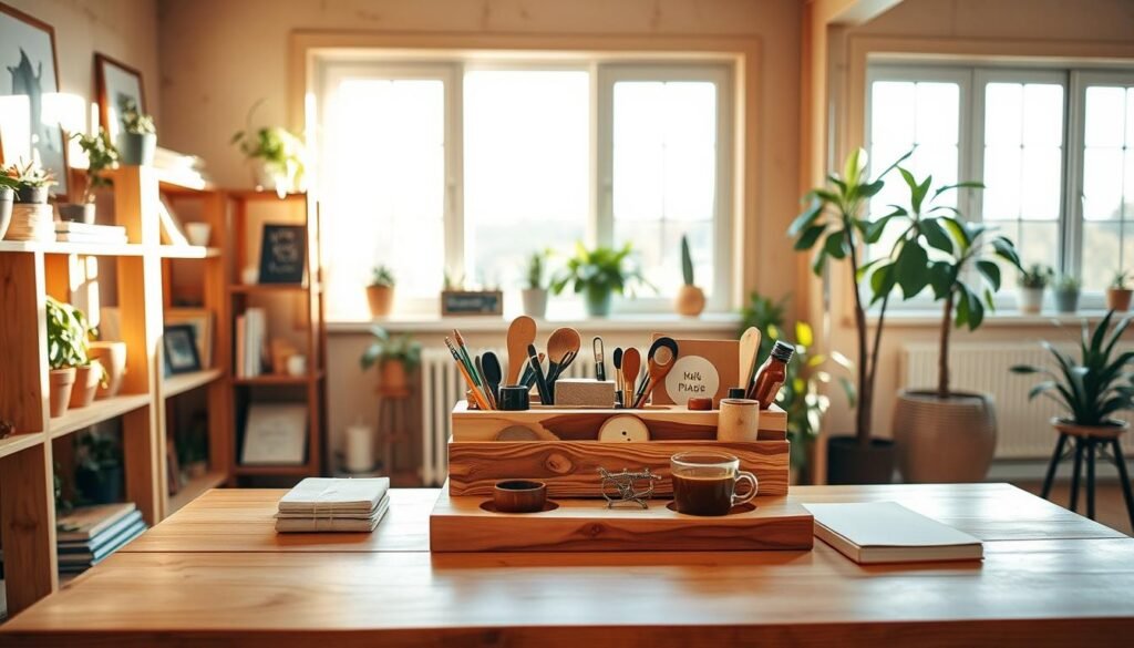 A cozy DIY workspace showcasing various wood projects that enhance daily routines. In the foreground, a beautifully crafted wooden shelf with neatly arranged items, such as potted plants, books, and daily essentials. The middle ground features a honey-colored wooden table with a rustic wood organizer holding tools, notebooks, and a warm cup of coffee. Behind, airy windows allow soft, natural sunlight to pour in, illuminating the space and casting gentle shadows. Warm wood tones create a calming atmosphere, complemented by light green accents from plants. The overall mood is inviting and creative, evoking a sense of productivity and comfort in daily life.