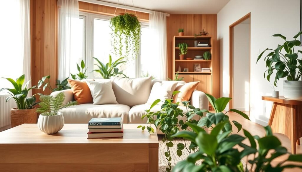 A cozy Scandinavian living room featuring warm wooden accents and vibrant greenery. In the foreground, a stylish, light-colored wooden coffee table adorned with a potted fern and a stack of minimalistic books. The middle ground showcases a plush, neutral-toned sofa with soft cushions, surrounded by houseplants like snake plants and pothos cascading gracefully. The background reveals large windows allowing bright, natural light to flood the space, highlighting the soft textures of the room. Warm wood elements such as a wooden bookshelf and a rustic side table create a harmonious blend with the plants. The atmosphere feels inviting, airy, and tranquil, accentuated by soft sunlight filtering through sheer curtains, capturing a serene and lived-in vibe that promotes comfort and warmth.