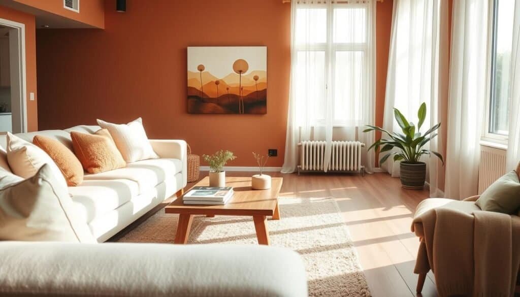 A cozy aesthetic living room featuring a warm color palette that includes soft beige, muted terracotta, and gentle olive green. In the foreground, a plush cream-colored sofa adorned with textured throw pillows invites relaxation. A wooden coffee table, with a few artful decor pieces like a small potted plant and a stack of books, adds to the charm. The middle of the room reveals a soft area rug beneath the table, accentuating a sense of warmth. In the background, large windows filter in bright natural light, casting gentle rays across the room, surrounded by airy sheer curtains. A calming painting with abstract warm hues hangs on the wall, enhancing the inviting atmosphere. The scene is captured from a slight angle to convey depth, emphasizing the harmonious blend of colors and natural light in the space.