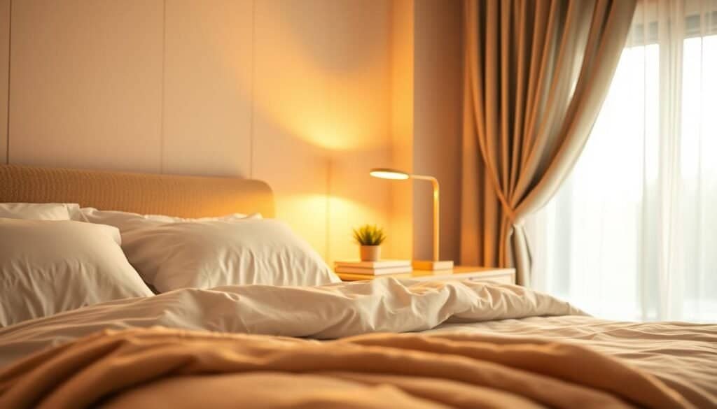 A cozy and inviting bedroom scene, featuring warm, strategically placed ambient lighting. The foreground showcases a beautifully made bed with plush white linens and a soft, textured throw. In the middle ground, a stylish bedside table holds a sleek modern lamp emitting a soft golden glow, illuminating a few well-chosen decor items like a small plant and a book. The background reveals a window with sheer curtains that allow gentle, natural light to filter in, casting soft shadows. The atmosphere is serene and relaxing, enhancing the sense of comfort and tranquility. This setting is captured using a warm color palette, with a focus on natural lighting elements, giving the image an airy and well-lit feel, ideal for inspiring a bedroom transformation through lighting.