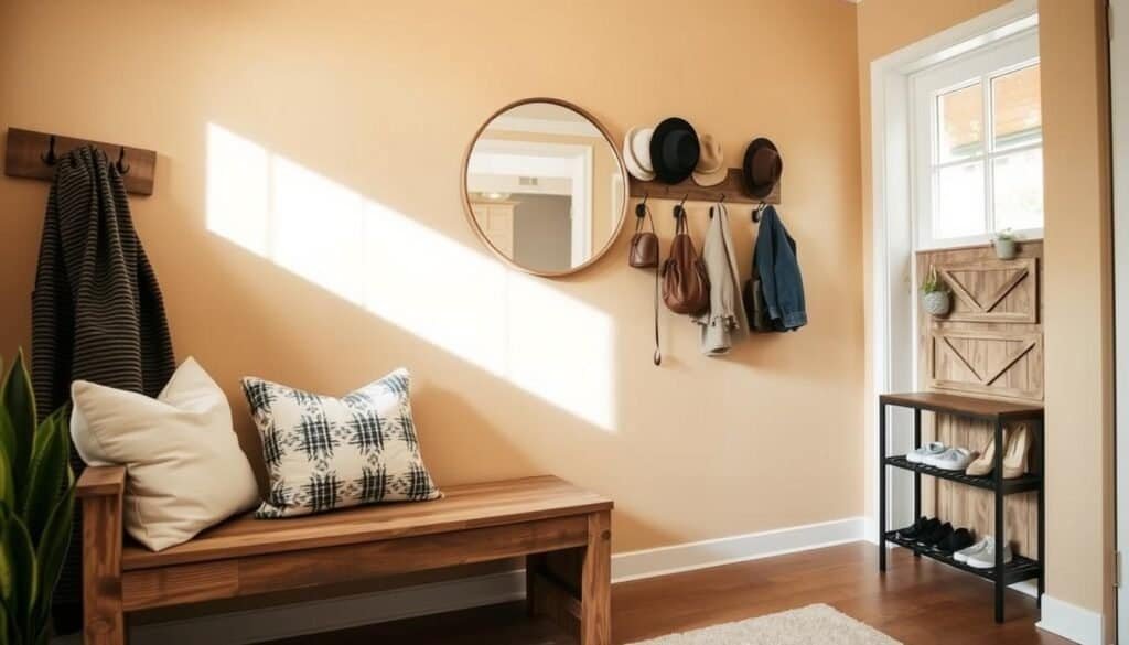 A cozy and inviting budget-friendly entryway makeover, featuring a rustic wooden bench adorned with cushions and a small potted plant in the foreground. In the middle, a cheerful wall with hooks displaying a mix of stylish coats and hats, with a round mirror above reflecting soft, natural light. To one side, a simple shoe rack made from reclaimed wood adds functionality without clutter. The background showcases warm, neutral-colored walls that create a serene atmosphere, highlighted by soft sunlight streaming through a window. The overall mood is welcoming and homey, emphasizing a well-thought-out design that feels complete and lived-in. The angle is slightly elevated, capturing the entire space harmoniously without distractions.