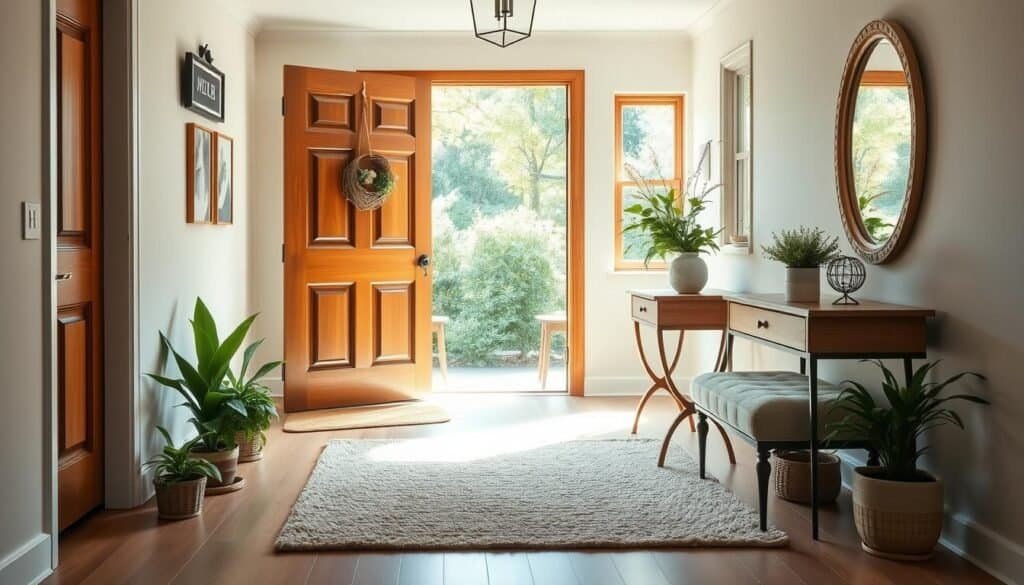 A cozy and inviting entryway design featuring a warm wooden front door flanked by potted plants and a decorative welcome mat. The foreground showcases a stylish console table adorned with a vase of fresh flowers and a framed mirror reflecting soft, natural light. In the middle, a plush area rug invites guests into the space, while a small bench provides a spot to sit and remove shoes. The background features soft, pastel-colored walls and a glimpse of greenery through a nearby window, letting in bright, gentle sunlight that enhances the warm atmosphere. The overall mood is welcoming and complete, demonstrating an ideal entryway that leaves a lasting first impression in a residential setting.